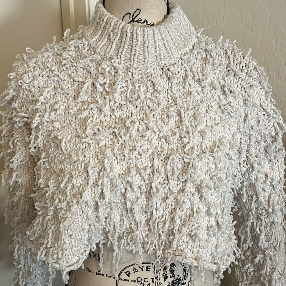 Urban Outfitters Off White Shaggy Cropped Mock Neck Pullover Sweater Boho - Picture 4 of 9
